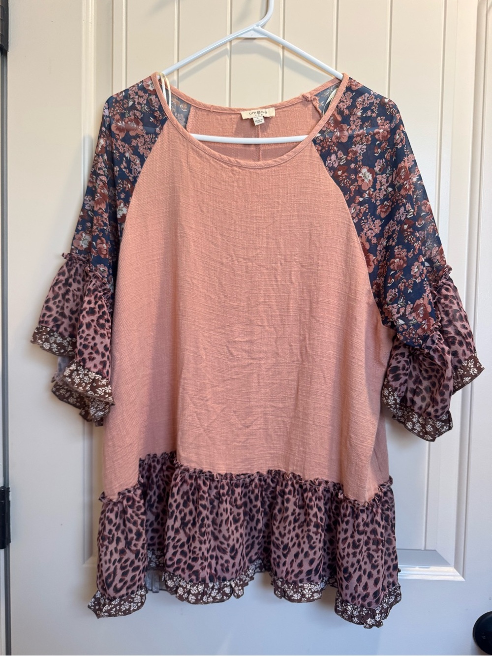 Peasant Top with Floral & Leopard Ruffle Sleeves